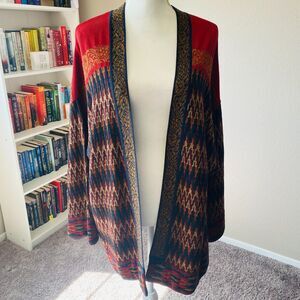 PERUVIAN CONNECTION Red Southwest Pima Cotton Alpaca Wool Knit Cardigan Size XL